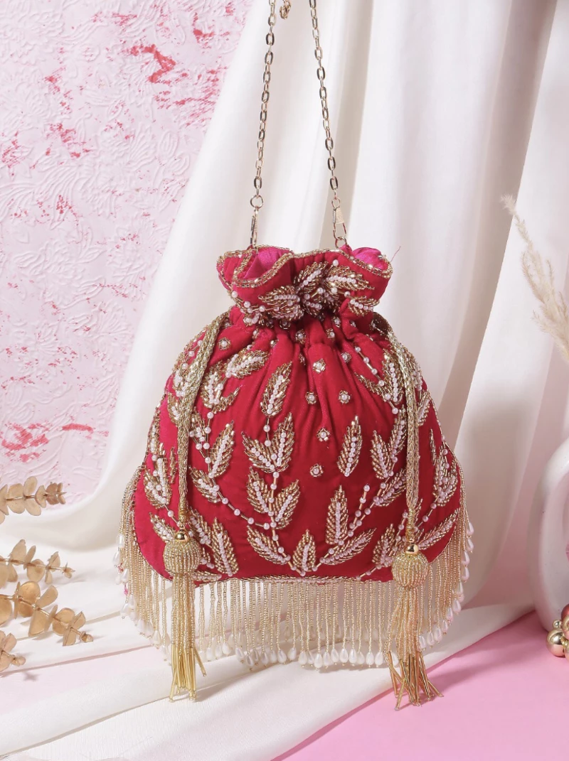 Red Velvet Handwork Luxury Wedding Potli bag