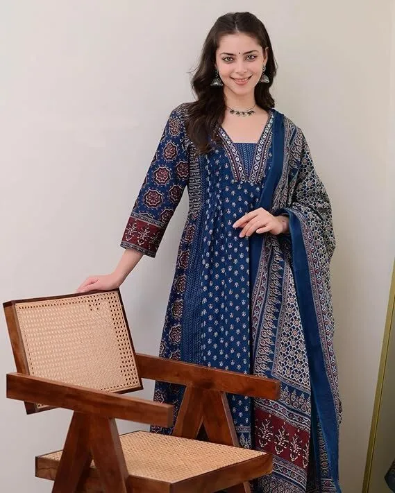 Women's Plus Size Rayon Printed Anarkali Navy Blue Kurta and Pant with Dupatta Set