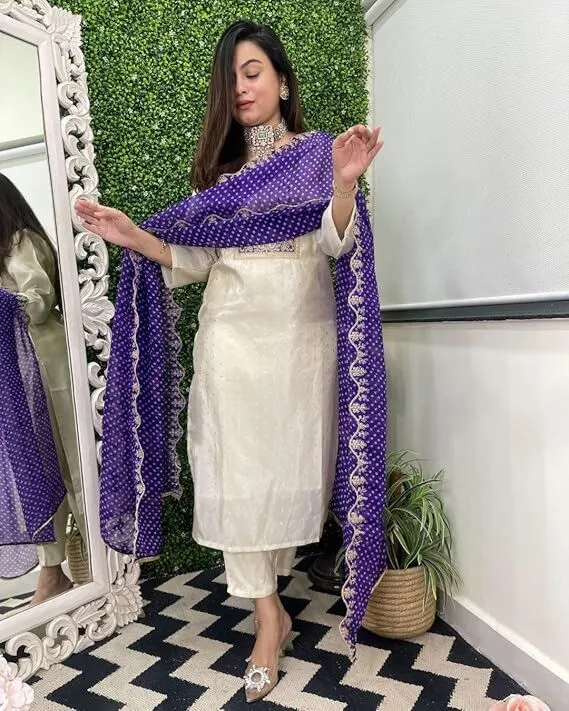 Women's Rayon Plus Size Viscose Embroidered Straight Kurta with Pant & Dupatta Set ,Bandhani/Leheriya Ethnic Suit |