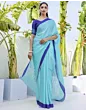 Women Handsfree Light Blue Satin Printed Saree
