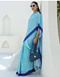Women Handsfree Light Blue Satin Printed Saree