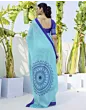 Women Handsfree Light Blue Satin Printed Saree