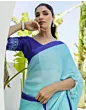 Women Handsfree Light Blue Satin Printed Saree
