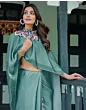 Handsfree Dusty Teal Green Satin Printed Saree