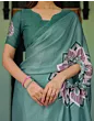 Handsfree Dusty Teal Green Satin Printed Saree