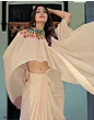 Handsfree Cream Satin Printed Saree