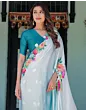 Handsfree Sky Blue Satin Floral Printed Saree