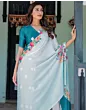 Handsfree Sky Blue Satin Floral Printed Saree