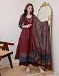 Women's Plus Size Rayon Printed Anarkali Maroon Kurta and Pant with Dupatta Set