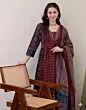 Women's Plus Size Rayon Printed Anarkali Maroon Kurta and Pant with Dupatta Set