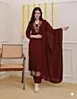Women's Plus Size Rayon Maroon Solid Embroidery Kurta and pant set With Dupatta