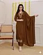 Women's Plus Size Rayon Brown  Embroidered Kurta and pant set With Dupatta