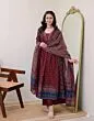 Women's Plus Size Rayon Printed Anarkali Maroon Kurta and Pant with Dupatta Set