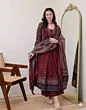 Women's Plus Size Rayon Printed Anarkali Maroon Kurta and Pant with Dupatta Set