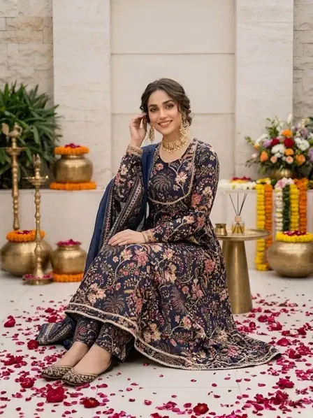 Navy Blue Printed Anarkali Kurta Set With Dupatta for Women