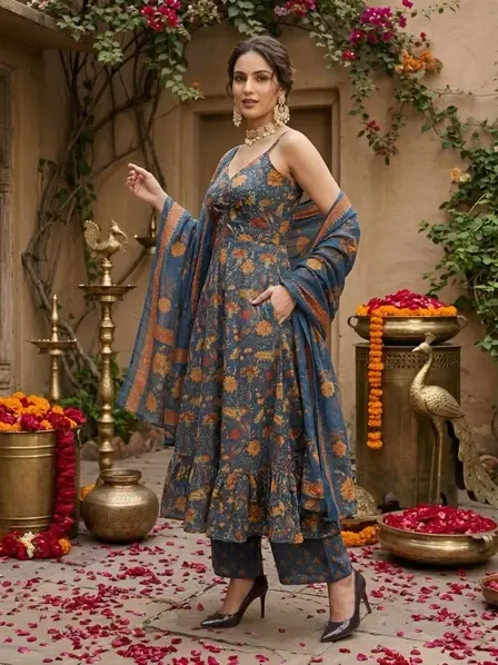 Teal Blue Printed Anarkali Kurta Set With Dupatta for Women