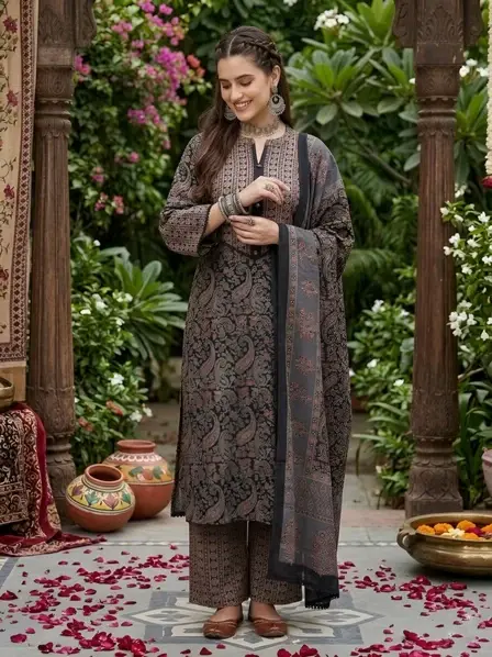 Black Printed Straight Kurta Set With Dupatta for Women