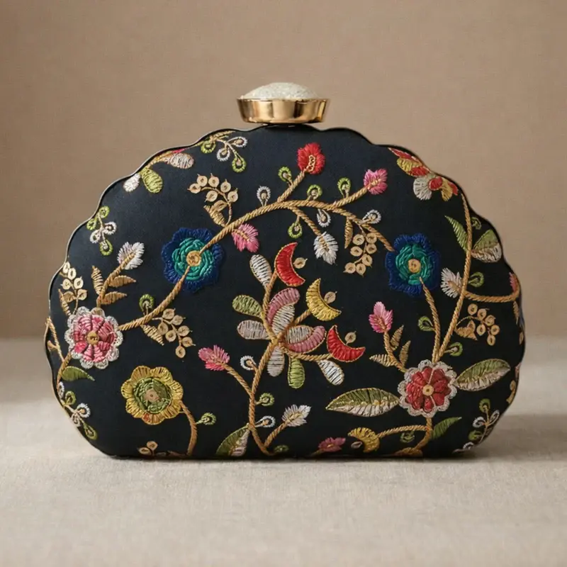 Woman Black Ethnic Floral Embroidered Clutch