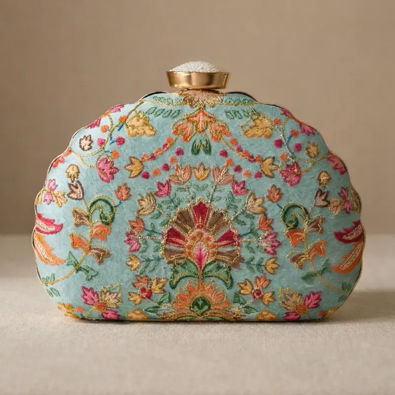 Woman Sky Blue Floral Embroidered Clutch
