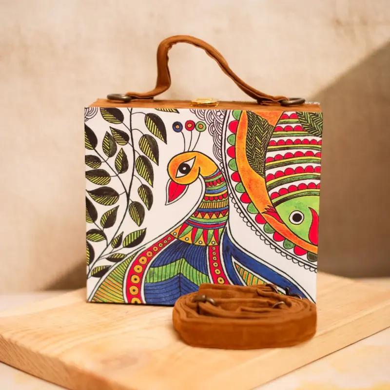 Woman Madhubani Peacock Printed Suitcase Style Clutch