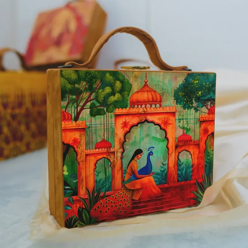 Women Mughal Garden Printed Suitcase Style Clutch
