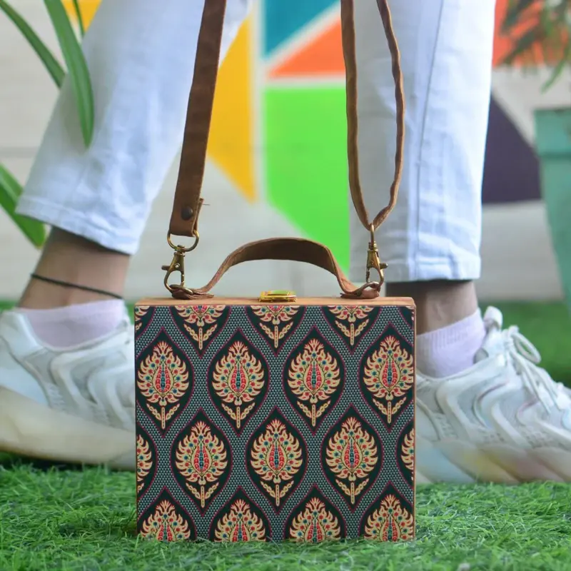 Women  Mughal Motif Printed Suitcase Style Clutch