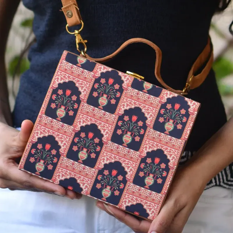 Women Mughal Motif Printed Suitcase Style Clutch