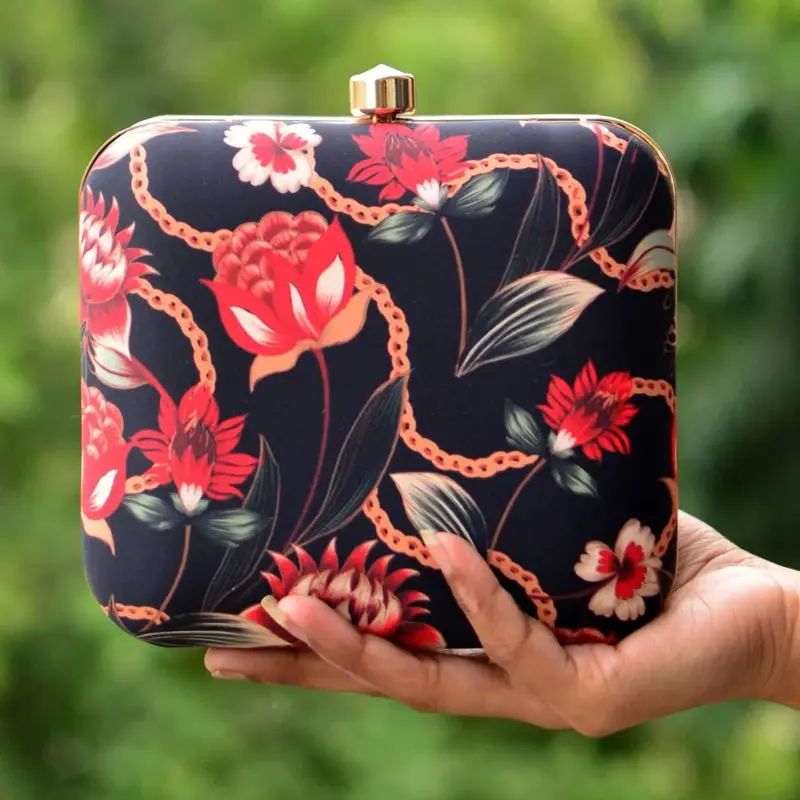 Women Black Floral Printed Clutch