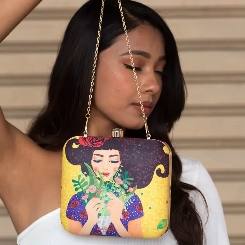 Women Fancy Floral Princess Printed Clutch on Bright Yellow Background