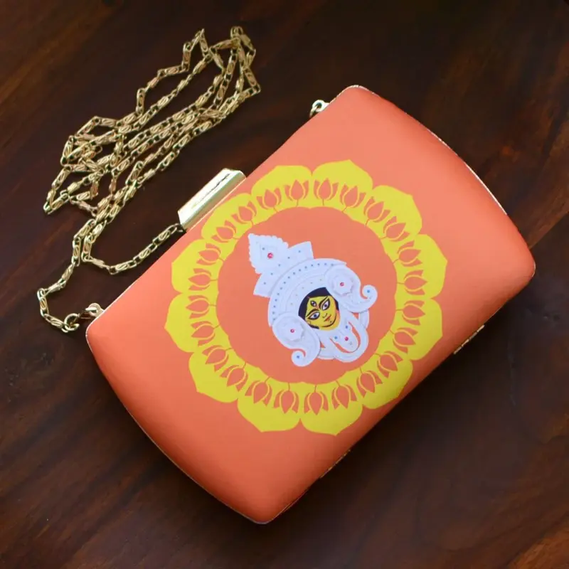 Woman Orange And Yellow Durga Printed Clutch