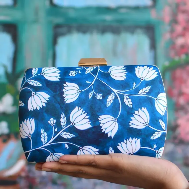 Women Blue and White Floral Printed Clutch