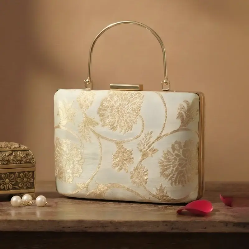 Women Champagne Ivory Gold Floral Embroidered Clutch