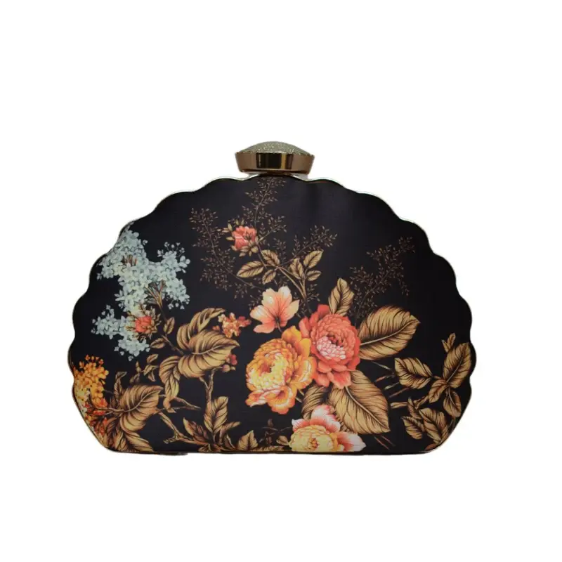 Women Black Flower Printed D-shape Clutch