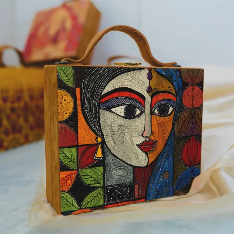 Women Abstract Face Printed Suitcase Style Clutch