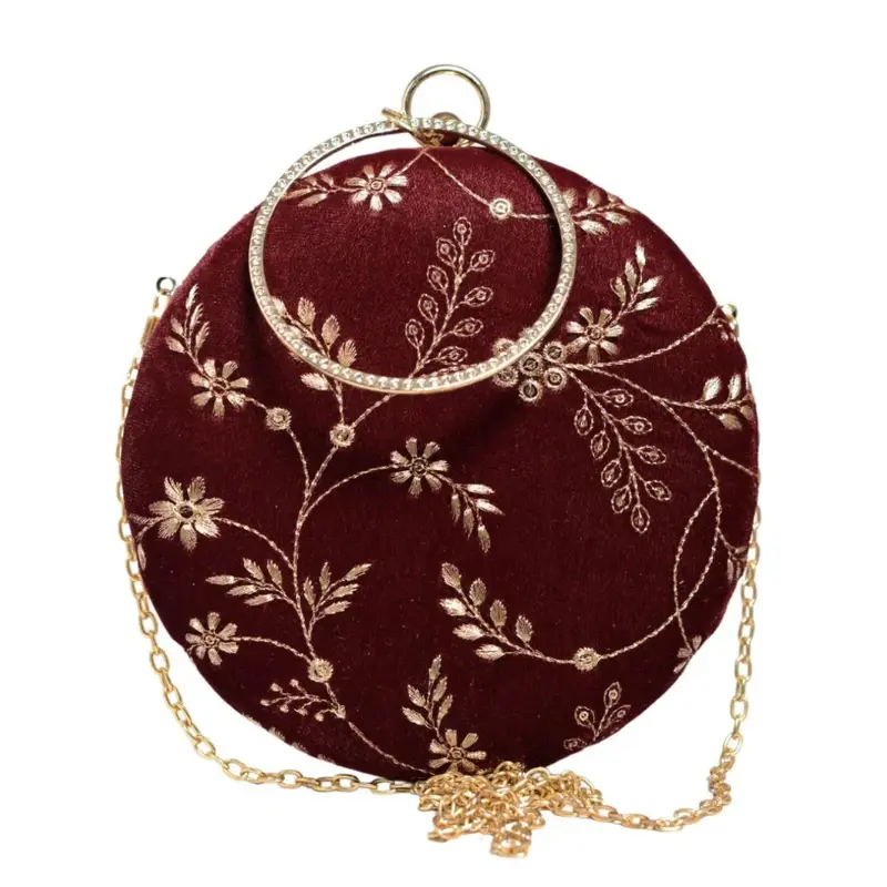Women Maroon And Golden Embroidery Round Clutch