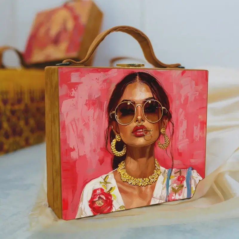 Women Brown Girl Printed Suitcase Style Clutch