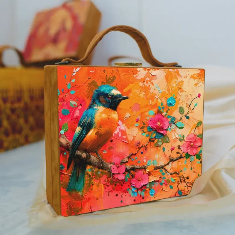 Woman Orange And Blue Bird Printed Suitcase Style Clutch