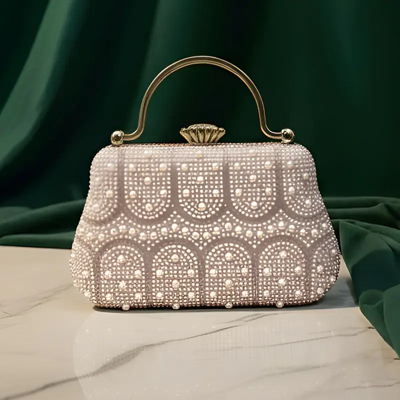Women White Pearl & Arch-Pattern Handle Clutch