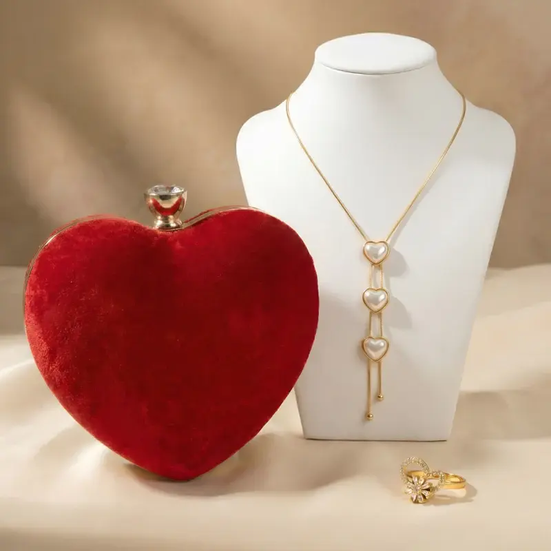 Woman Valentine Special Red Velvet Heart Clutch & Triple Heart Drop Necklace Combo