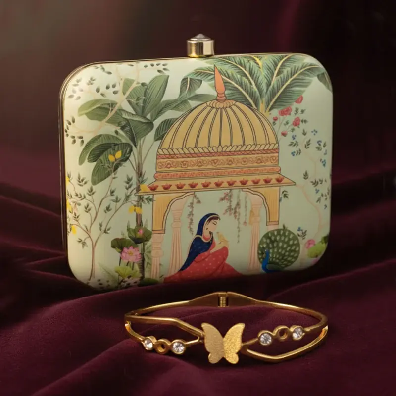 Woman Printed Clutch & Gold-Plated Butterfly Bangle | Festive Luxe Combo
