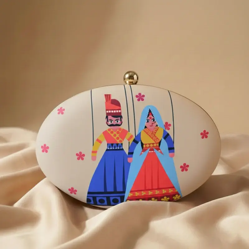 Women Indian Puppet Printed Oval Clutch