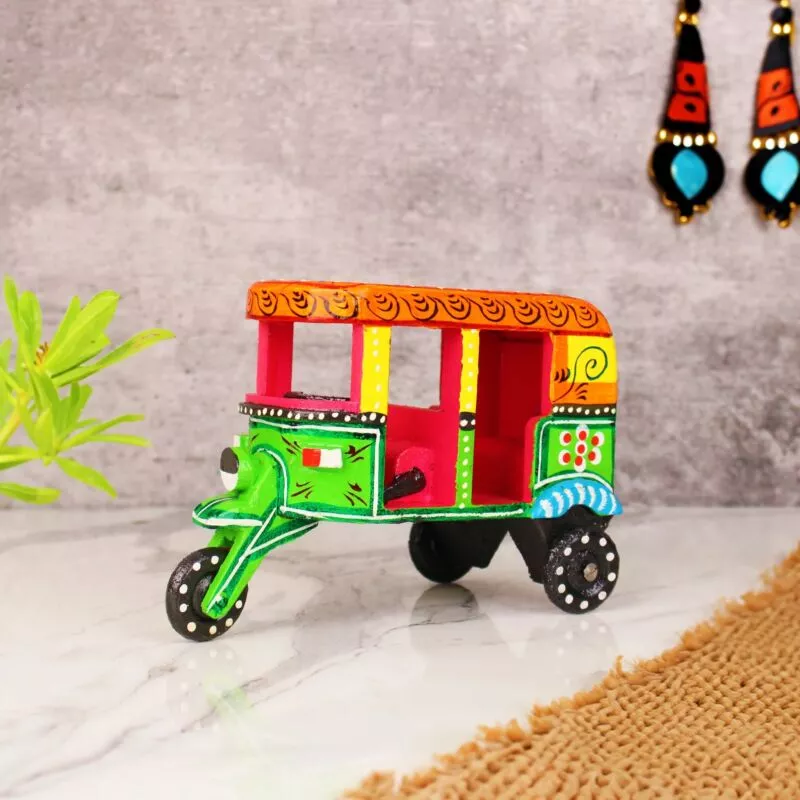 Auto Ricksaw Vehicle Wooden Toys Handmade Handpainted Push and Pull Toys for Kids Boys and Girls Handicraft Items for Home Decor