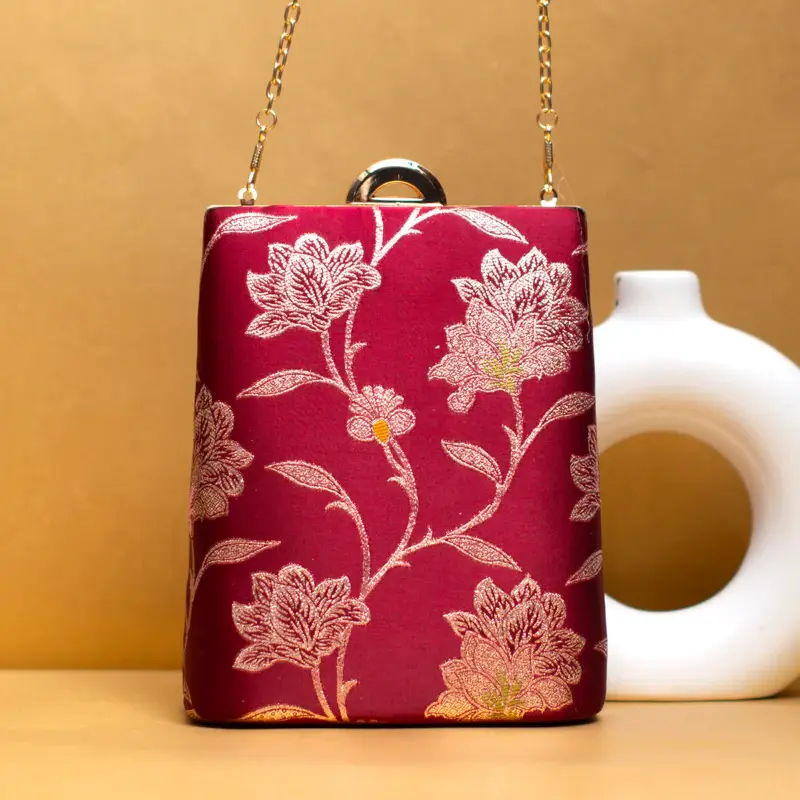 Women Maroon Floral Brocade Vertical Clutch