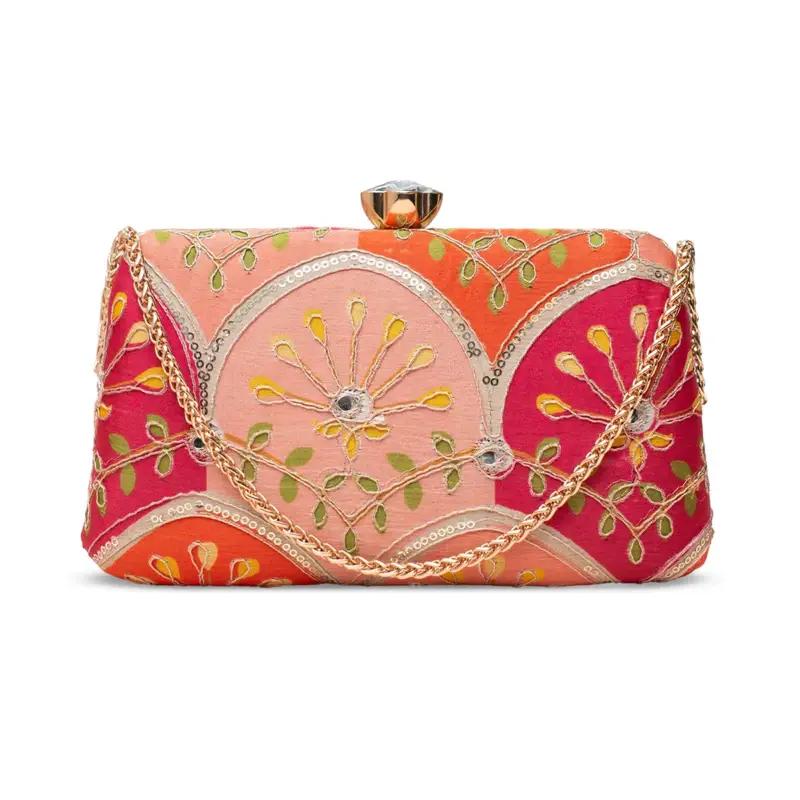 Woman Pink & Red Embroidered Clutch