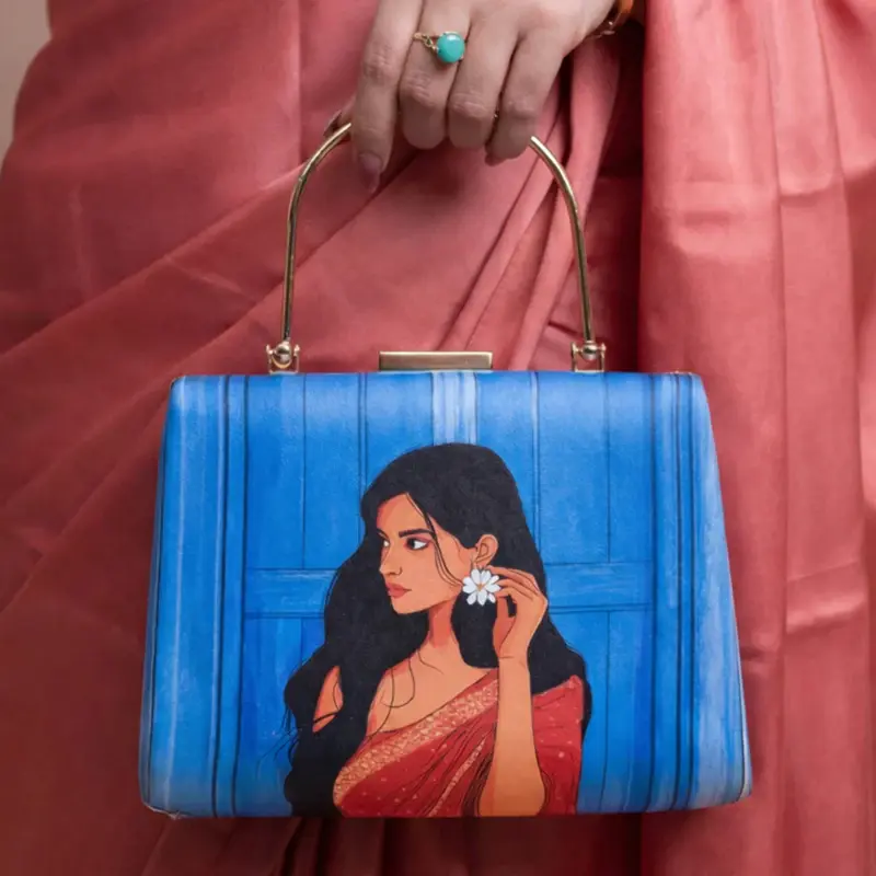 Woman Blue Based Red Saree Women Portrait Printed Clutch