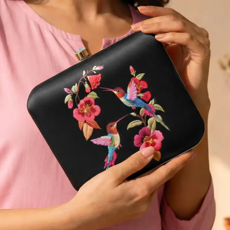 Woman Black Based Bird And Flowers Printed Clutch