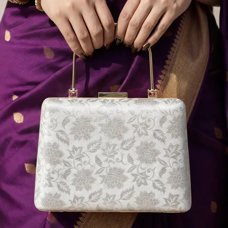 Women White And Silver Brocade Fabric Clutch
