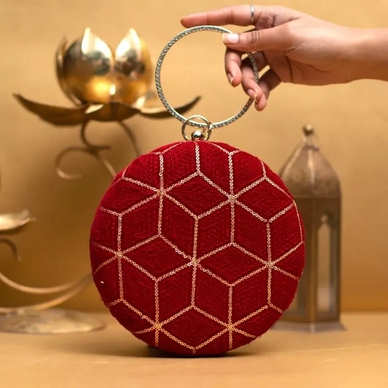 Woman Red And Golden Sequin Embroidery Round Clutch