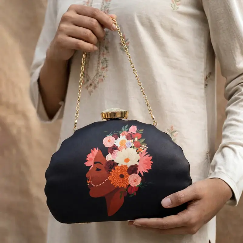 Women Black Girl And Flower Printed Clutch