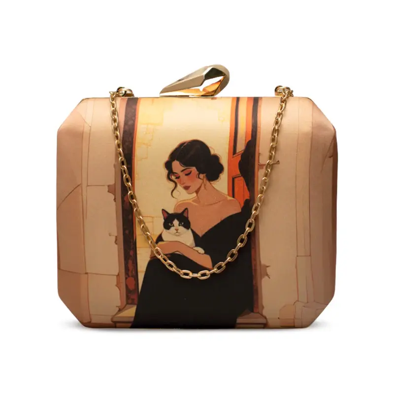 Woman Lady & Cat Elegance Printed Clutch